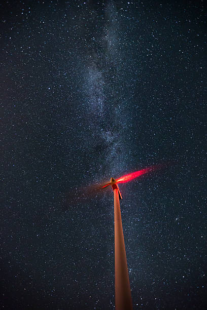 istock Wind turbines on the starry night sky with milkyway 601158918