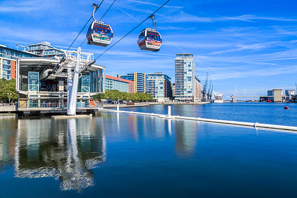 The Emirates Air Line or Thames Cable Car London, UK - August 26, 2016 - The Emirate Air Line or Thames Cable Car at sunset detachable stock pictures, royalty-free photos & images