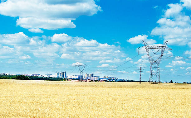 istock Power line that goes to the city through wheat field 601360406
