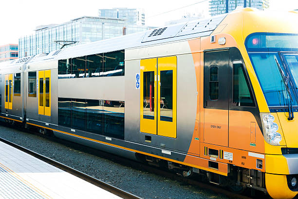 istock Closeup modern train at the station, Sydney Australia, copy space 601362704