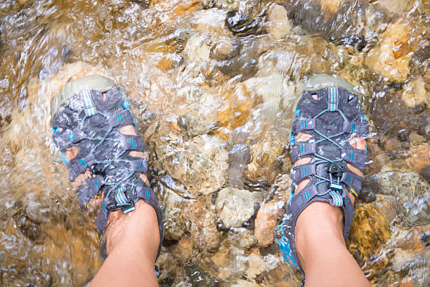 istock Amphibious shoes on the river 601366284