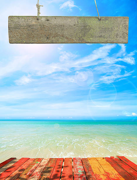 vintage wooden signboard with blank space for insert texts at the beautiful beach.