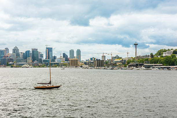 Seattle Washington City Skyline Sunset Over Lake Union. King County Washington Pacific Northwest Scenic Imagery with travel, tourism, and city landmark concepts.