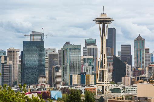 Seattle downtown skyline and cityscape during dark, cloudy and stormy weather