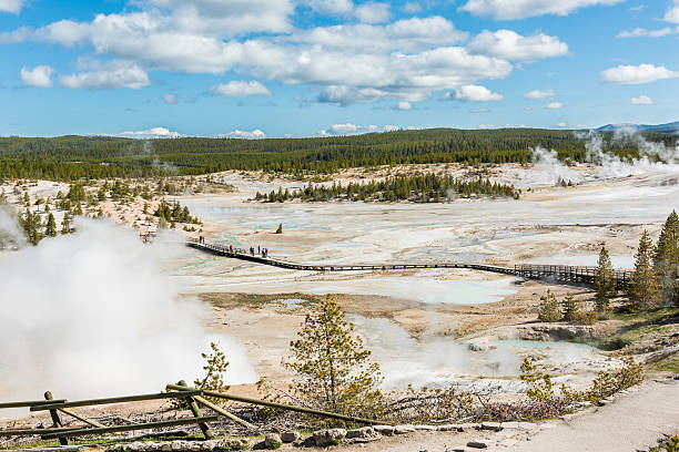 People walking on boardwalk of Norris Geyser basin Yellowstone National Park, USA - May 17, 2016: Aerial view of people walking on boardwalk of Norris Geyser basin by blue hot springs and steam vapor norris geyser basin photos stock pictures, royalty-free photos & images