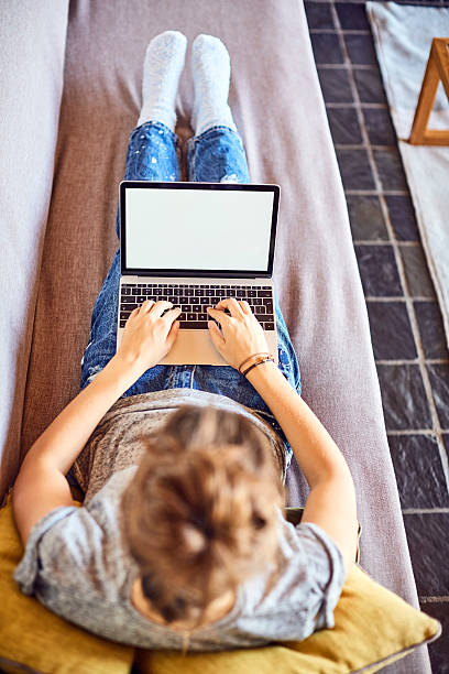 istock Young woman using laptop on sofa at home 601369568