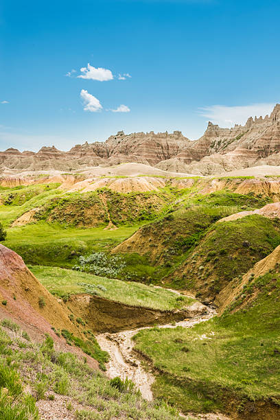 высохшего потока в национальный парк бадлендс - badlands prairie landscape badlands national park стоковые фото и изображения