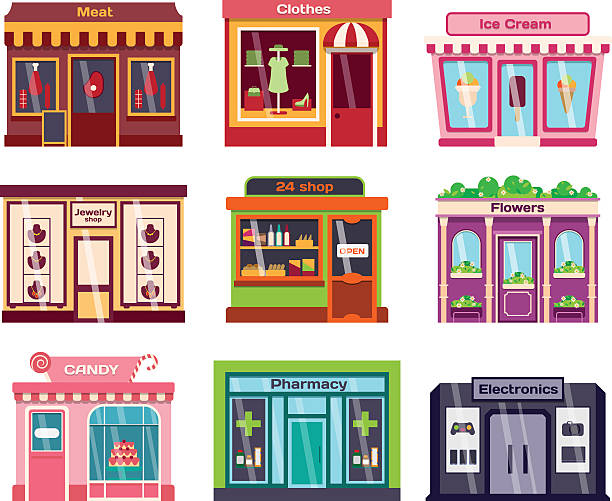 Shop facade vector illustration Set of vector flat design restaurants and shops facade icons. Includes bakery, pharmacy, electronics store, ice cream shop, book shop facade, butcher shop, trendy clothing store, jewelry store facade. jewelry store stock illustrations