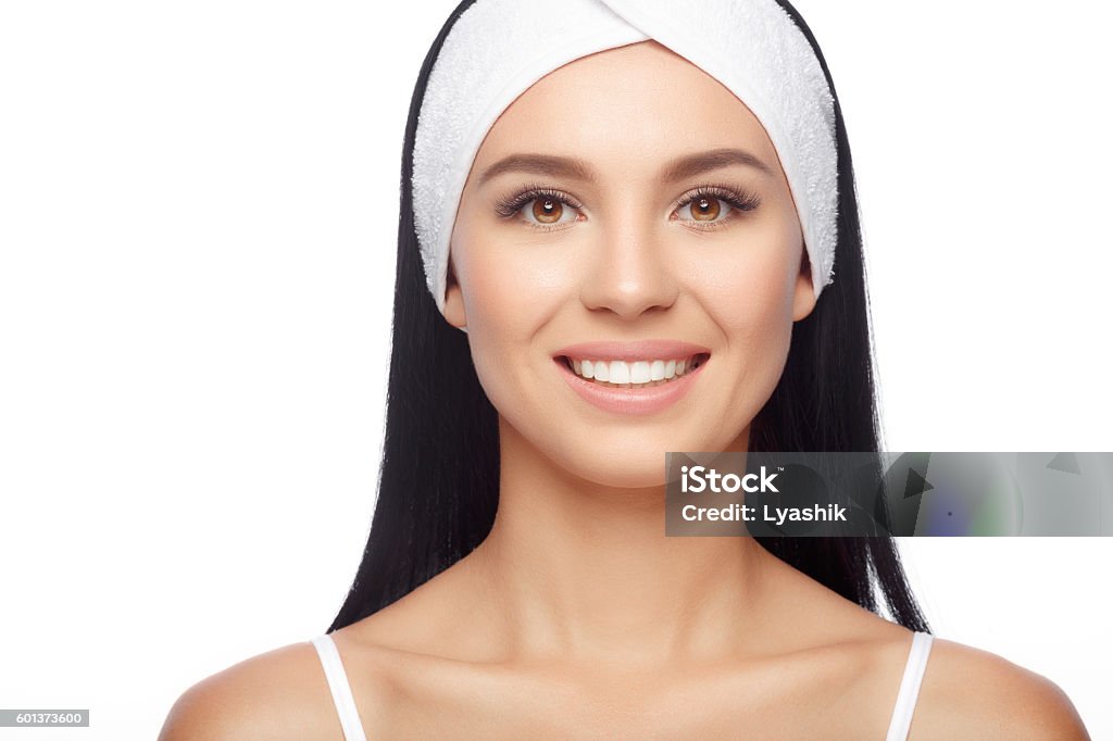 Happy Woman after Bath with Clean Perfect Skin Closeup Happy Woman in Hairband, her Face with a Perfectly Clean Skin. Happy Woman after Bath with Clean Perfect Skin. Skin Care, Cosmetics and Makeup Concept. Headband Stock Photo