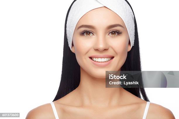 Happy Woman After Bath With Clean Perfect Skin Stock Photo - Download Image Now - Headband, Women, Make-Up