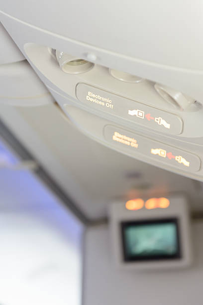 istock Electronic devices off and fasten seat belt sign inside airplane 601374336