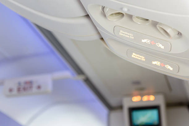 istock Electronic devices off and fasten seat belt sign inside airplane 601374356