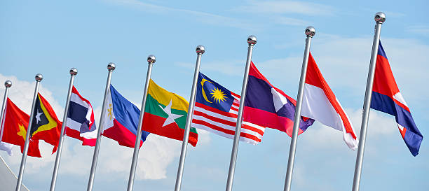 National flags of Southeast Asia countries View of national flags of Southeast Asia countries; Brunei Darussalam, Myanmar / Burma, Cambodia, Indonesia, Laos, Malaysia, Philippines, Singapore, Thailand, Vietnam, East Timor. association of southeast asian nations photos stock pictures, royalty-free photos & images