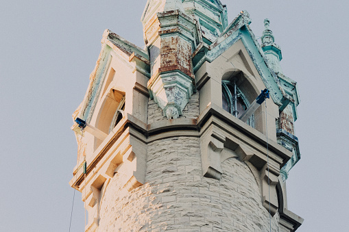 A close-up shot of Milwaukee's North Point Tower, a water tower that was in service since 1874.