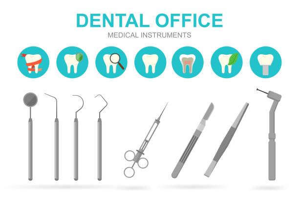 illustrazioni stock, clip art, cartoni animati e icone di tendenza di dentista attrezzatura isolato. illustrazione vettoriale. - dental drill
