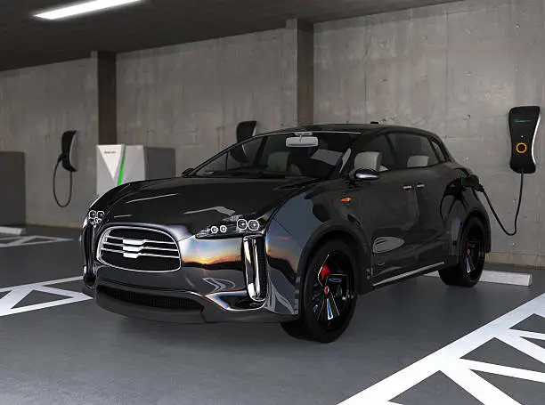 Black electric SUV recharging in parking garage. 3D rendering image