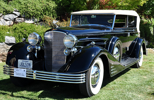 Murphys, California, USA- September 22, 2012: 1933 Cadillac V-16 Convertible Sedan  on display at the Ironstone Vineyards  Concours d' Elegance.  This Cadillac was once owned by famed  singer, film actor, and comedian Al Jolson.