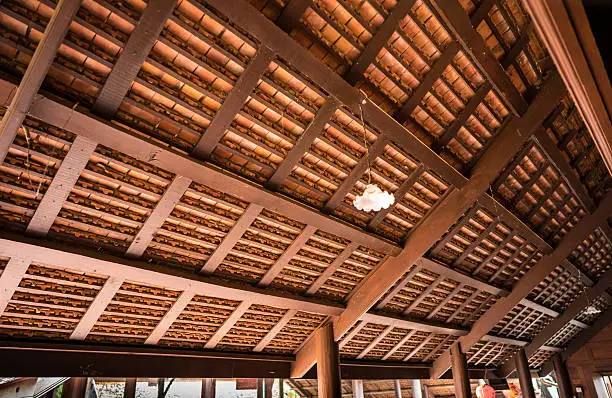 the wooden structure under the clay roof use so many small pieces of long wood to support all the clay roof tile