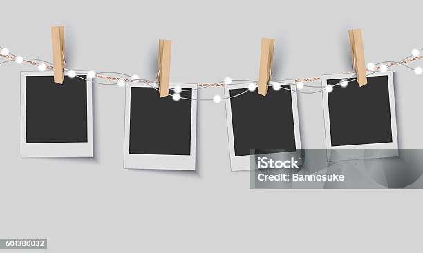 Blank Photo Frames With Fairy Lights Stock Illustration - Download Image Now - Photograph, Christmas, Clothesline