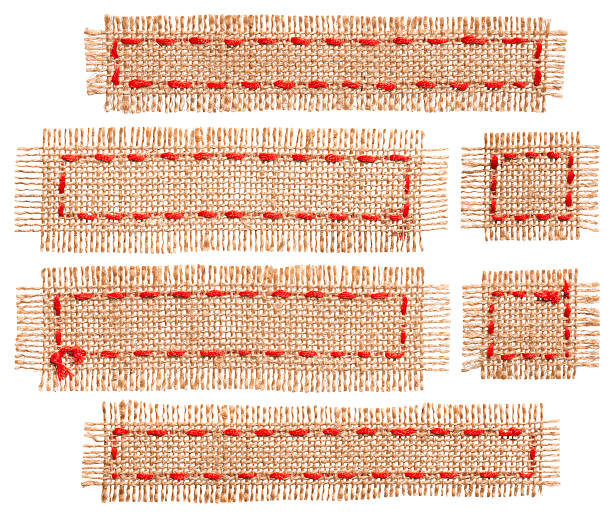 burlap tkanina wstążka patch etykiety, rustic sack cloth piece, worka - textile burlap sewing patch zdjęcia i obrazy z banku zdjęć