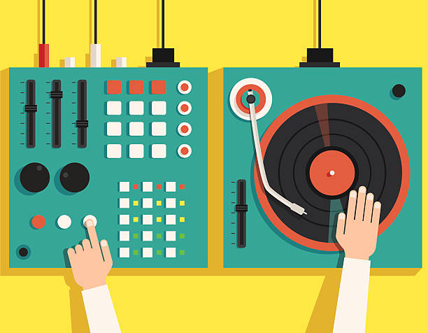 Turntable with dj hands. Vector flat illustration Turntable with dj hands. Vector flat illustration. Playing mixing music on vinyl turntable. Equipment deck and mixer. Retro style. sound and party. Modern music dj decks stock illustrations