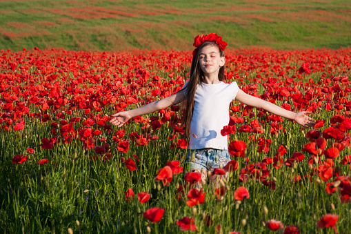 Beautiful girl in the field with red poppy flowers