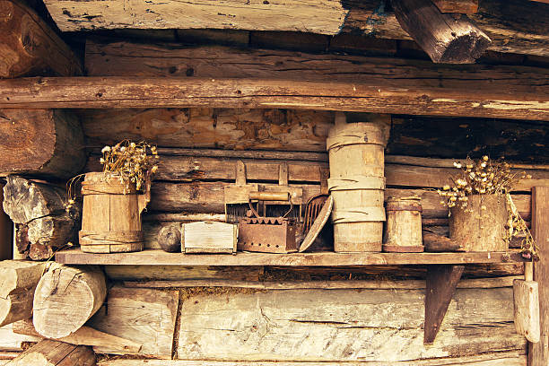 istock Old vintage village with household items 601382666