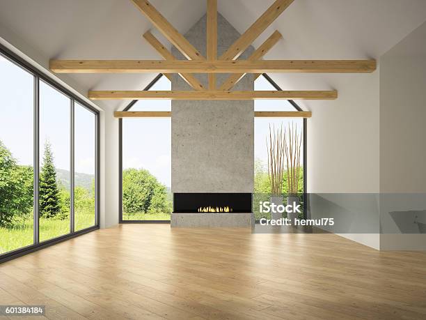 Interior Empty Room With Rafters And Fireplace 3d Rendering Stock Photo - Download Image Now
