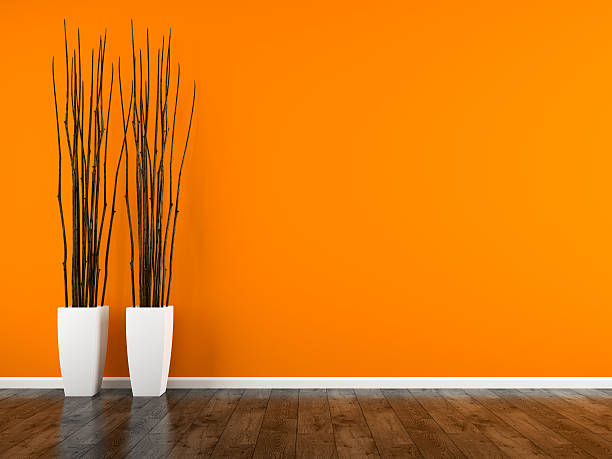 parte del interior con pared naranja y jarrones de renderizado 3d - orange wall fotografías e imágenes de stock