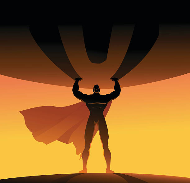Superhero Lifts a Heavy Globe Silhouette A vector silhouette style illustration of a superhero lifting a heavy big globe. Wide space available for your copy. AICS5 file included. man holding earth stock illustrations