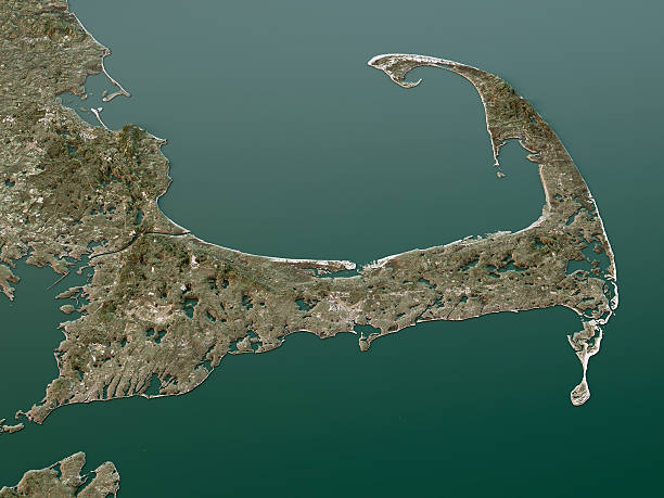 Cape Cod Topographic Map 3D Landscape View Natural Color 3D Render of a Topographic Map of Cape Cod, Massachusetts, USA. cape cod stock pictures, royalty-free photos & images