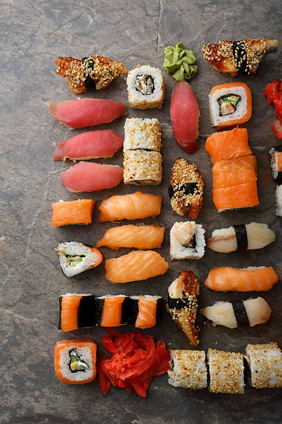 istock Sushi and nigirin set pattern on slate 601392750