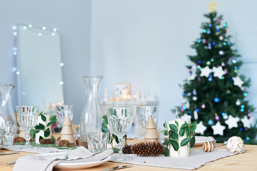 Photo of elegant dining table preparing for holiday