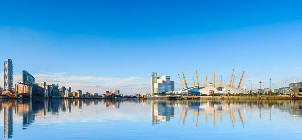 Panoramic view of river Thames, north Greenwich and O2 arena