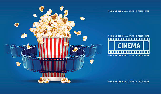 ilustraciones, imágenes clip art, dibujos animados e iconos de stock de palomitas de maíz para cine y carrete de cine sobre fondo azul - póster de película