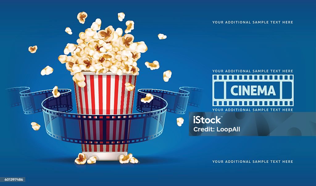 Popcorn for movie theater and cinema reel on blue background Popcorn for movie theater and cinema reel on blue background. Vector illustration. Transparent objects used lights shadows drawing Movie stock vector