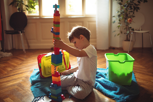 Little boy playing with a building blocks