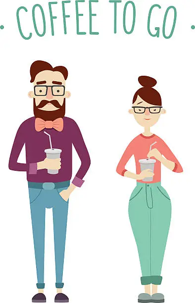 Vector illustration of Hipster Man and Woman. Coffee to go.