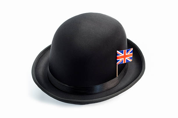 high angle view iconic bowler hat with union flag - felt arts and entertainment concepts and ideas isolated on white imagens e fotografias de stock