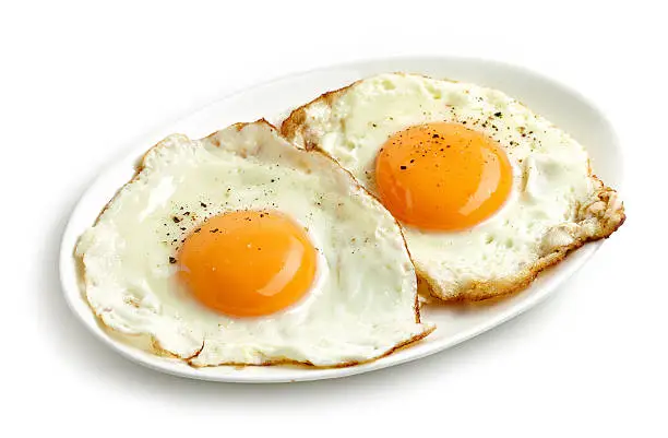 Photo of fried eggs on white background