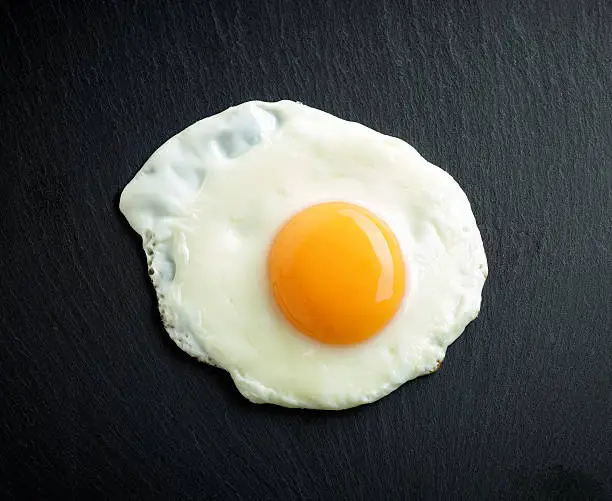 Photo of fried egg on black background