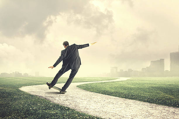 business man skater going fast to the office