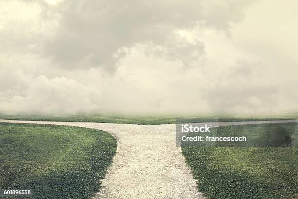 Fork Outdoor Double Unknown Way Stock Photo - Download Image Now - Forked Road, Crossroad, Crossroads Sign