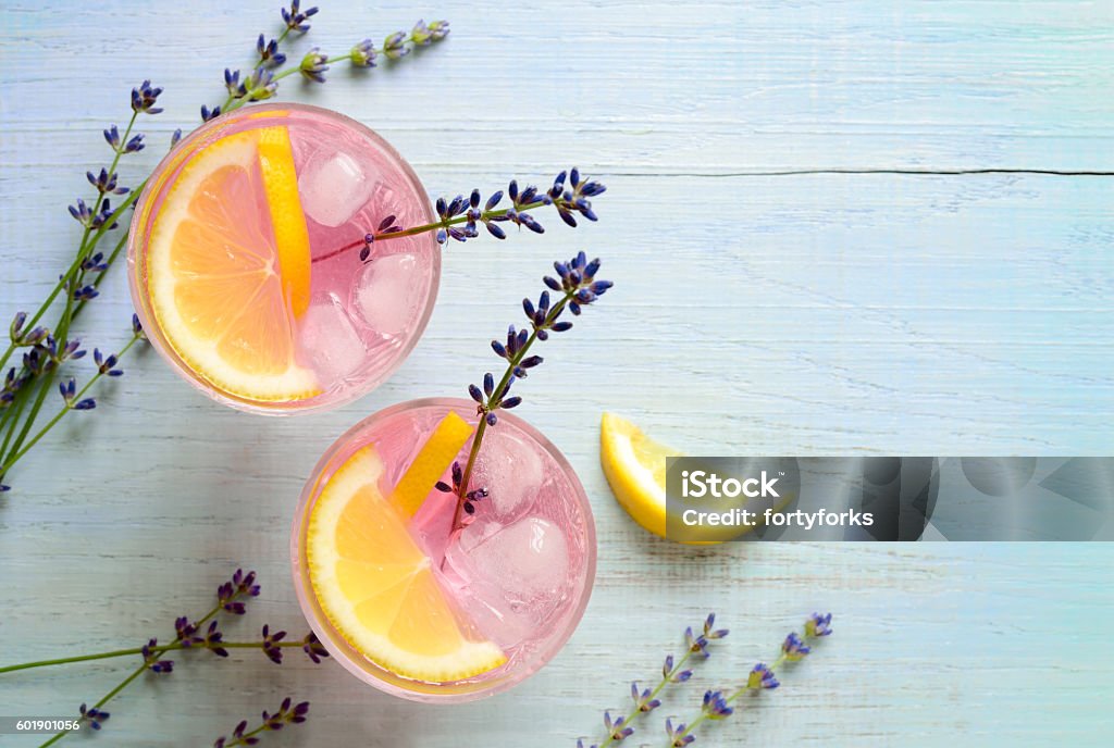 Lavender lemonade Lavender lemonade, view from above Cocktail Stock Photo