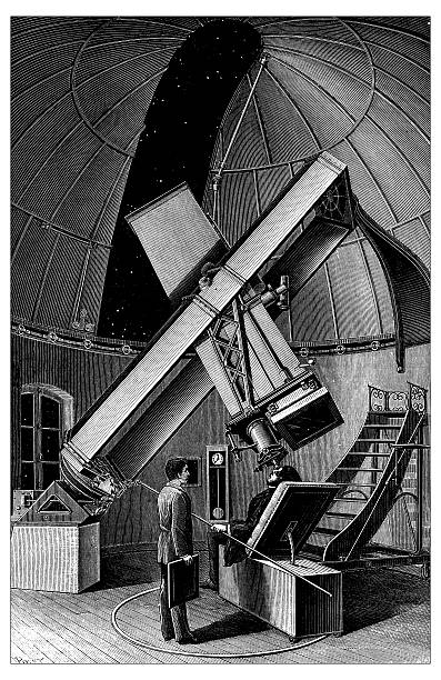 Antique illustration of telescope photography Antique illustration of telescope photography camera engraving old retro revival stock illustrations