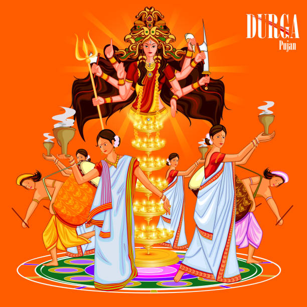 Happy Durga Puja India festival holiday background easy to edit vector illustration of ladies dancing with dhunuchi for Happy Durga Puja India festival holiday background durga stock illustrations