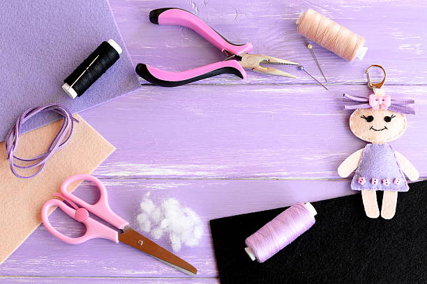 istock Cute doll keychain. Supplies for sewing soft toy 601905078