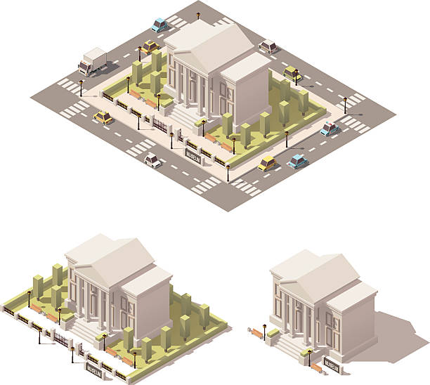 Vector isometric low poly museum building icon Vector isometric low poly city infographic element representing museum building facade stock illustrations