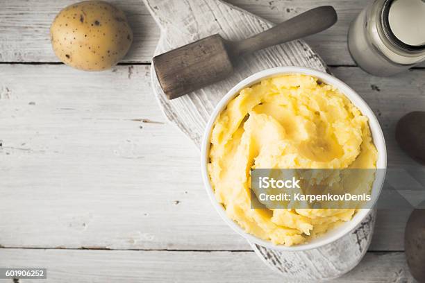 Mashed Potatoes In Bowl On The White Wooden Table Horizontal Stock Photo - Download Image Now