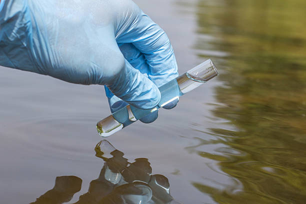 istock Sample water from river for analysis. Hand in glove 601907556